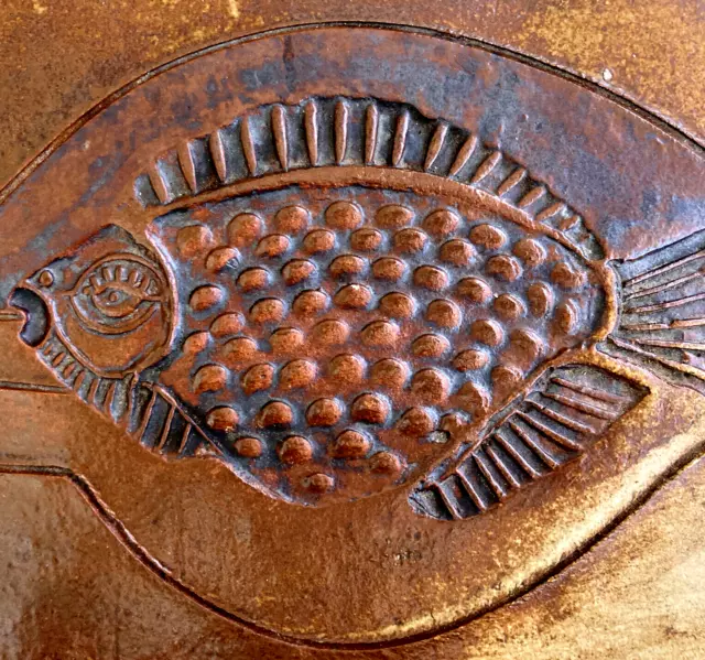 Art Tile Fish Pottery Brown 9 X 11" x Vtg Handmade Glazed Clay Studio OOAK