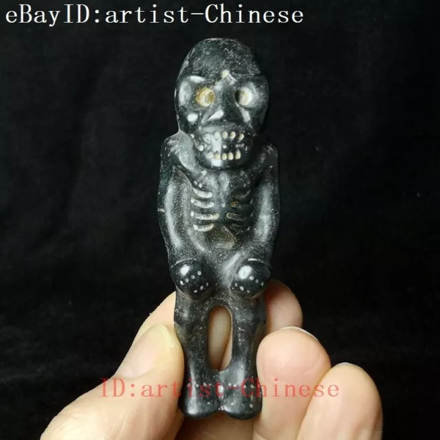 Old Chinese Hongshan Culture Black Magnet Jade carving Skeleton Skull Man statue
