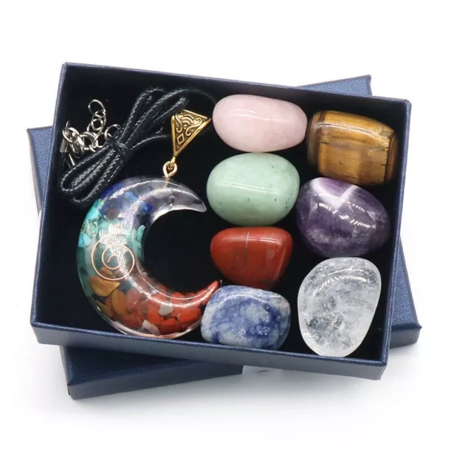 Natural 7 Chakra Healing Crystal Orgonite Moon Stone Pendant Necklace + Gift Box