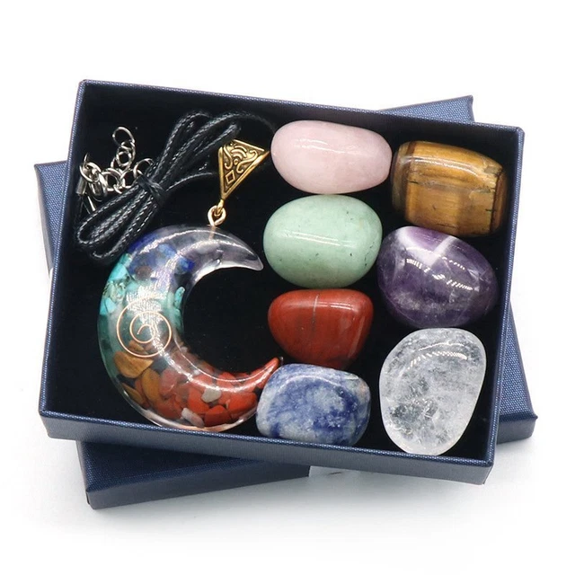 Natural 7 Chakra Healing Crystal Orgonite Moon Stone Pendant Necklace + Gift Box