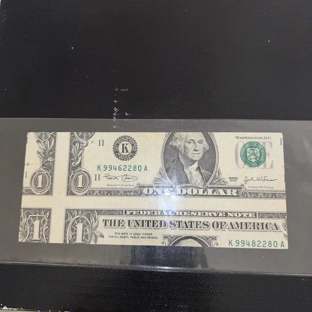 Uncirculated 2003 Double One Dollar Bill Miss Cut Error