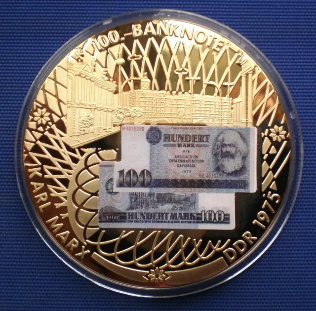 Medaille : "DDR Banknotenprägungen". Cu vergoldet.  Ø 50 mm.