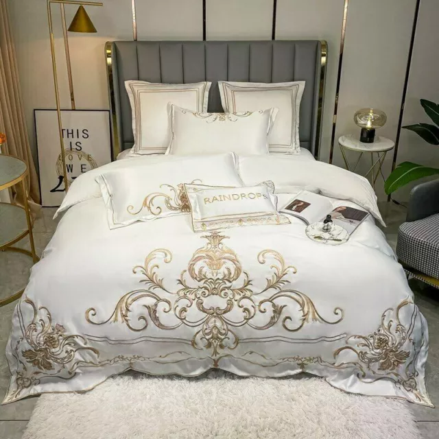 Luxury Gold Embroidery Satin Washed Silk Cotton Bedding Set Soft Silky Bed Linen