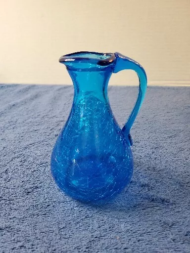 Vintage Royal Blue Glass Small Pitcher Kanawha Handblown Handle Crackle Glass 5"