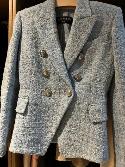 Balmain Blazer Size 38 - Textured tweed Blue with Silver Buttons SALE