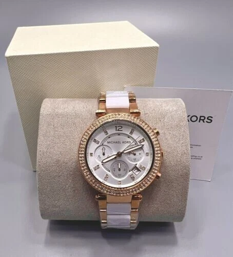 MICHAEL KORS Womens Parker Chronograph Watch, Rose Gold White Acrylic, Crystals