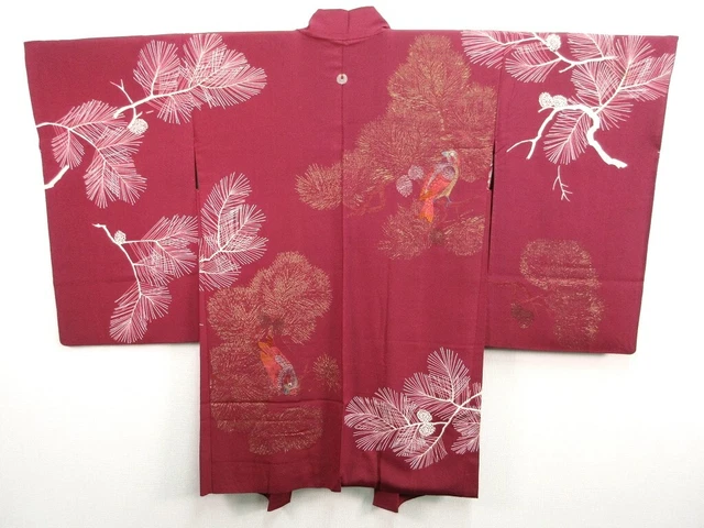 6194 Silk Vintage Japanese Kimono Haori Jacket Pine Tree Embroidery Birds
