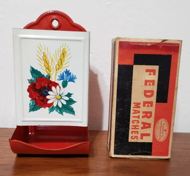 Vintage 1940s Metal Tin Enamelware Matchbox Stick Holder Red + Federal Matches