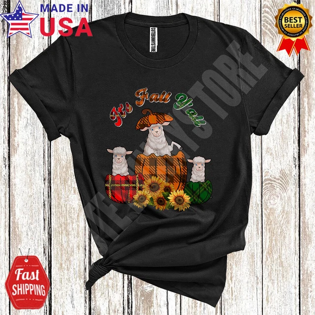 Sheep It's Fall Y'all Leopard Pumpkin Sunflower Farm Animal Thanksgiving T-Shirt