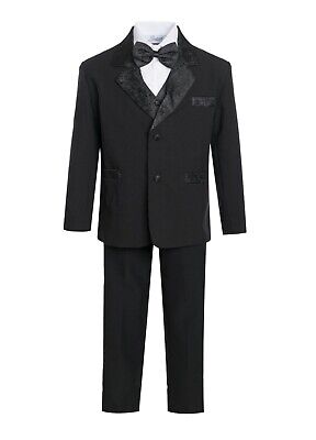 Bambino Ragazzi Smoking Suit 5pc Set Cappotto, giubbotto in raso, striati pantalone, camicia, Cravatta a Farfalla