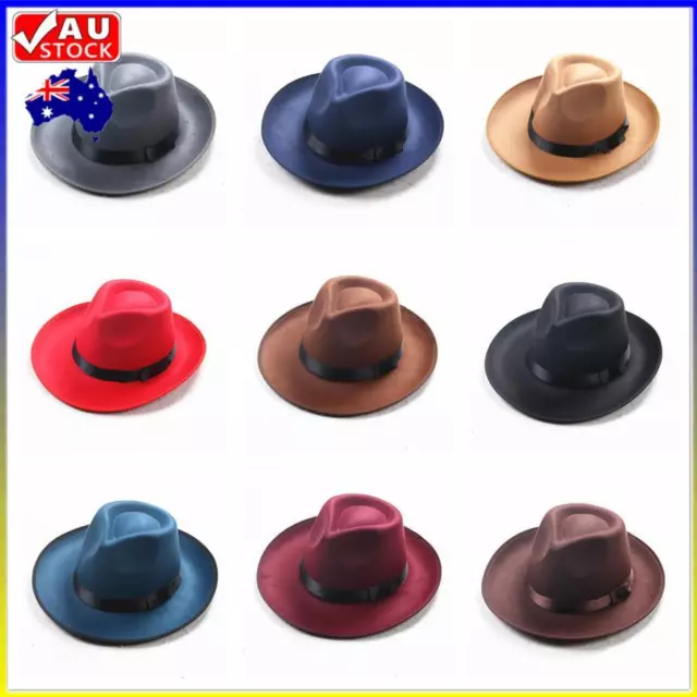 Retro Men Women Hard Felt Hat Wide Brim Fedora Trilby Panama Hat Gangster Cap AU