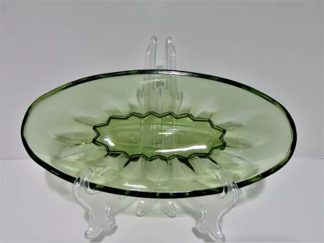Oval Celery Relish Dish Avocado Green Glass Sunflower Optic Pattern (A)
