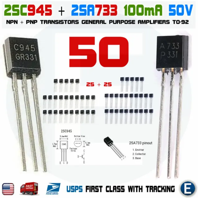 50pcs 25 pairs of 2SA733 & 2SC945  A733 /C945, TO-92 audio transistor USA seller