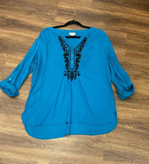 St. John’s Bay Women Medium Blouse Shirt 3/4 Sleeve Embroider Button Boho Top