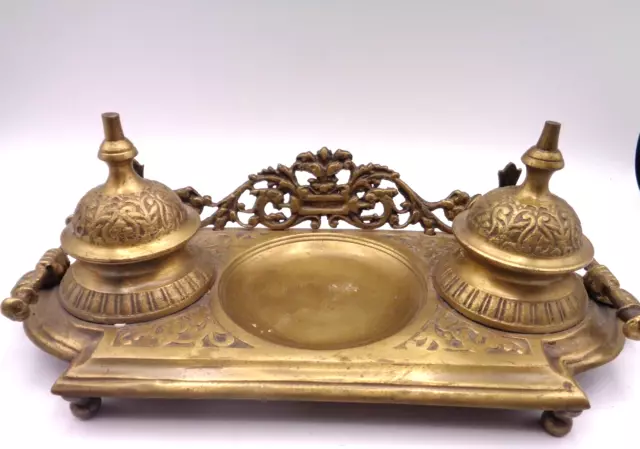 Vintage Solid Brass Double Lidded Ink Well Ink Holder with Brass Cup Inserts