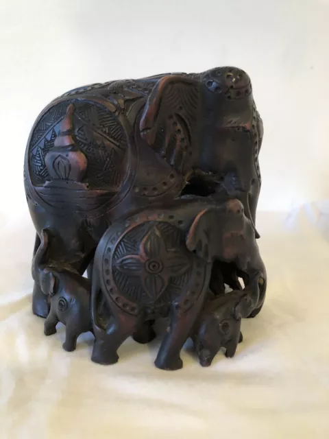 Elephant Family of 7 Pachyderms In A Herd Figurine Stature India