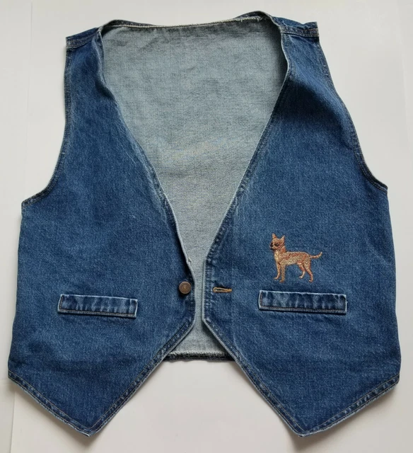 Vtg Vest Denim Dog Chihuahua Womens Machine Embroidered Size M-L NOS  A24-2 SP