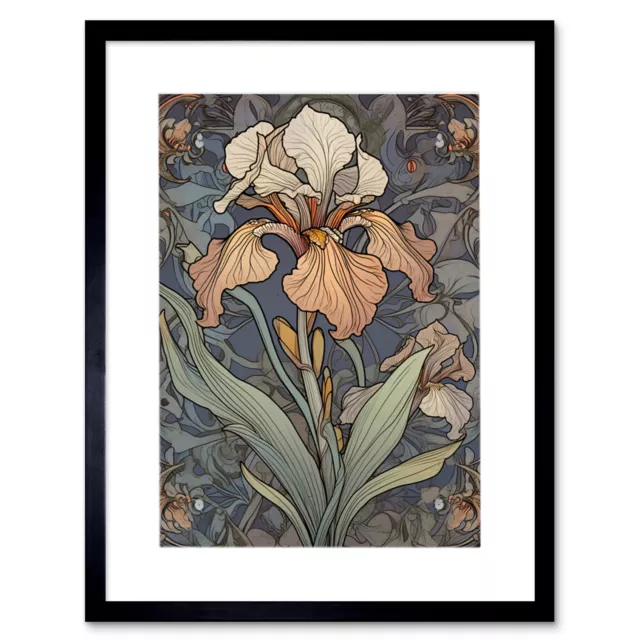 Art Nouveau Style Iris Bloom Flower Watercolour Framed Art Print Picture 12X16