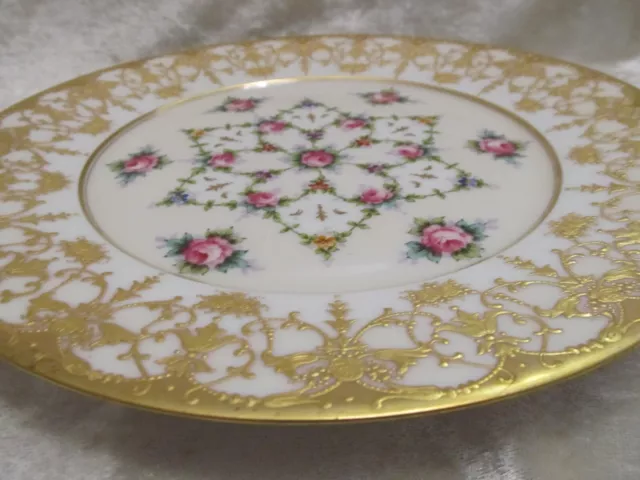 Plato Porcelana Limoges Paulhat Decoración Rosas Inlay Oro Pintada a Mano