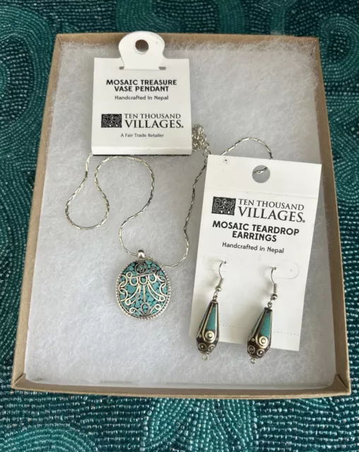 Ten Thousand Villages Turquoise Jewelry Necklace & Earrings Set NEW