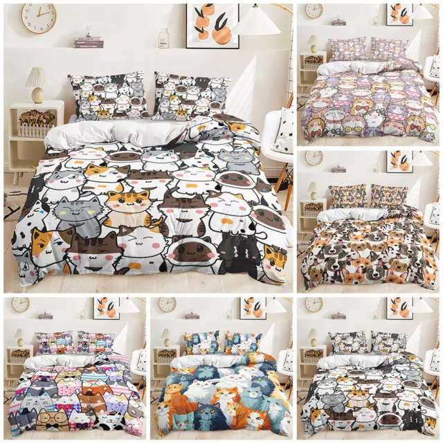 Pet Stacked Paintings Cat Dog Cartoon Lovely Animal Print Duvet Quilt Cover Set