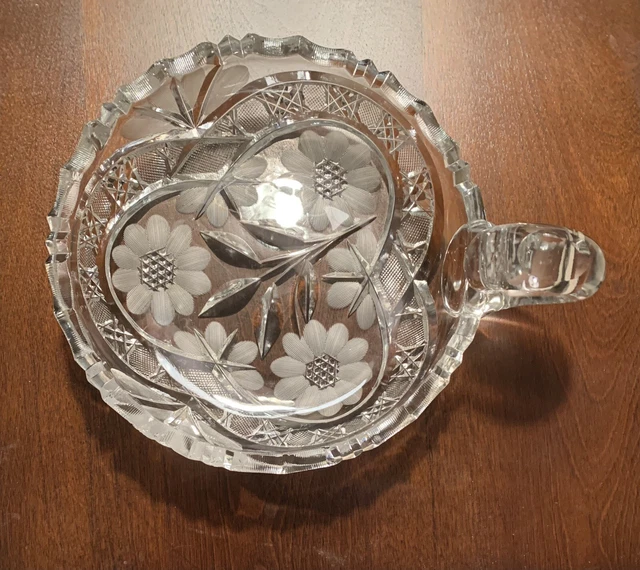 VINTAGE LEAD CRYSTAL Cut Glass Candy/Relish Dish, Nappy Handle 28.75