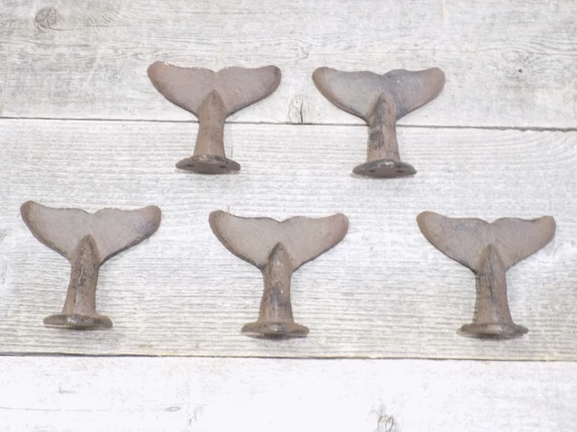 5 Cast Iron Whale Tail Hooks Coat Hat Closet Hall Tree Jacket Tale Rustic Hat