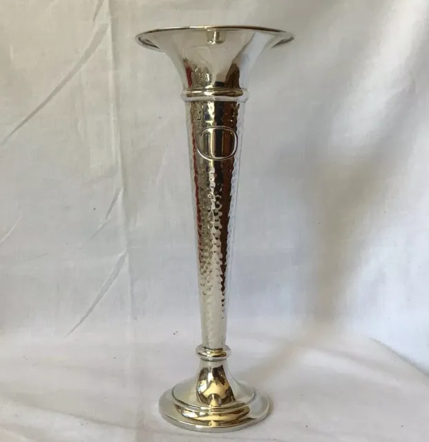 1916 Solid Silver Arts & Crafts Planished Design Trumpet Vase By Walker & Hall