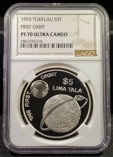1993 TOKELAU 1oz SILVER PROOF $5 COIN 1968 FIRST ORBIT - NGC PF 70 Ultra Cameo