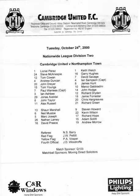 Teamsheet - Cambridge United v Northampton Town 2000/1 (24 Oct)