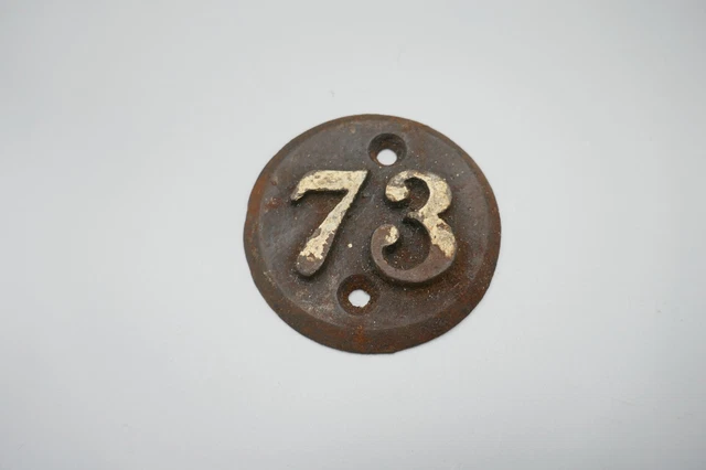 Antique Cast Iron Door Number Plaque 73 Industrial Old Railway Shed Locker 1900s