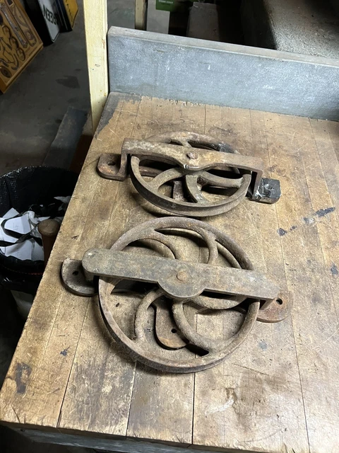 Antique Old 10 Primitive Cast Iron Barn Door Rollers Pulleys Hanger Pair Set USA