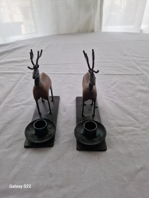 Lot De 2 Décorations Jardin Cerf Et Sapins - Figurine Métal Rouillé Résistante Aux Intempéries Pour Noël Et Automne