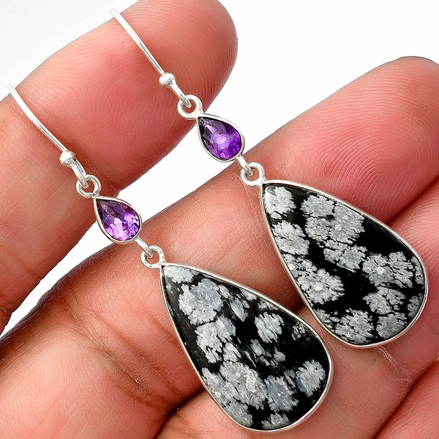 Snow Flake Obsidian & Amethyst 925 Sterling Silver Earrings Jewelry E-1002