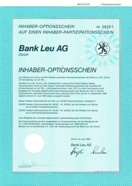 Bank Leu AG  1er-OS 1986