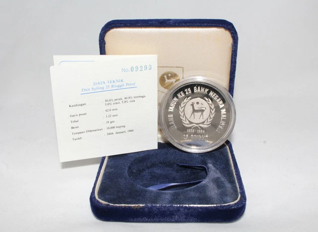 1984 Malaysia Silver 25th Anniversary National Bank 25 Ringgit Proof Coin