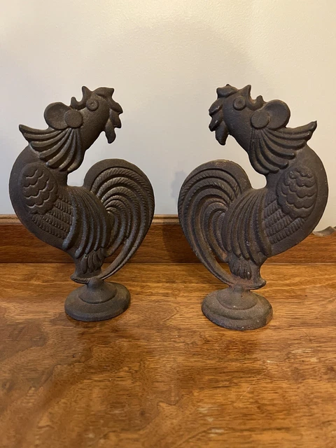 Cast Iron Roosters Door Stop 8" Vintage Country Farm American Decor Pair