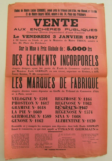 Affiche vente enchère incorporels Emile Germain Tisane reginose 1947 vintage