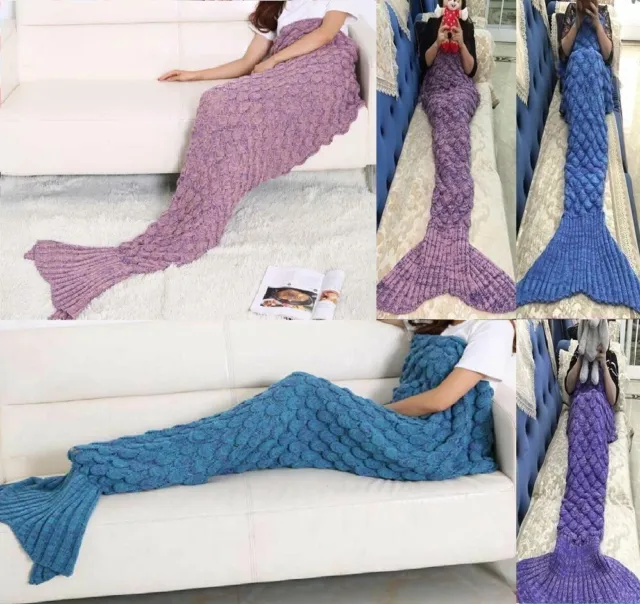 Sirena Coda Coperta Uncinetto Maglia Adulto Bambini Natale Inverno Caldo Divano