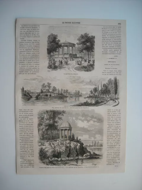 Gravure 1865. Embellissement Du Bois De Vincennes. Le Nouveau Lac De Charenton..