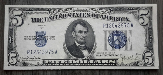 1934-D Series Choice CU $5 Silver Certificate Blue Seal RA block