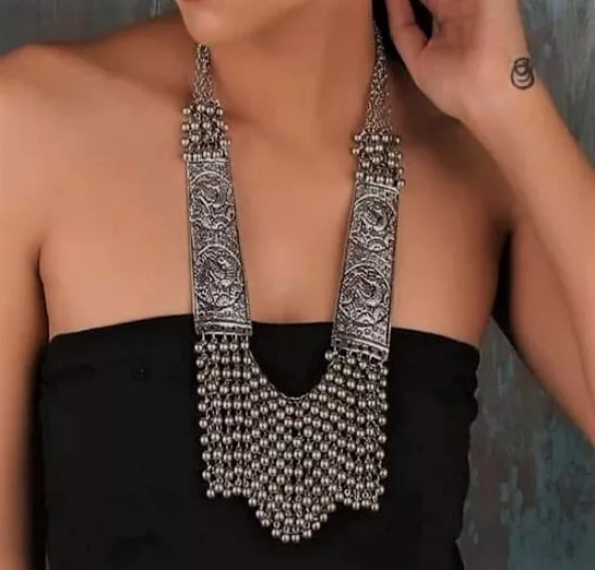 Ethnic Traditional Bollywood Style Oxidized Silver Long Indian Necklace Jewelry