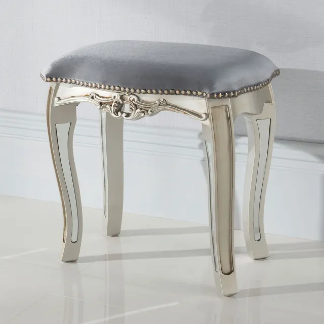 Argente Mirrored Antique French Style Stool | Shabby Chic Upholstered