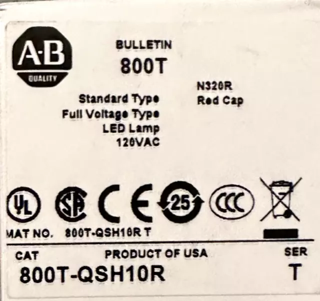 Neuf ! Allen Bradley 800T-QSH10R Pilote Lumière LED Rouge Casquette 120VAC 2