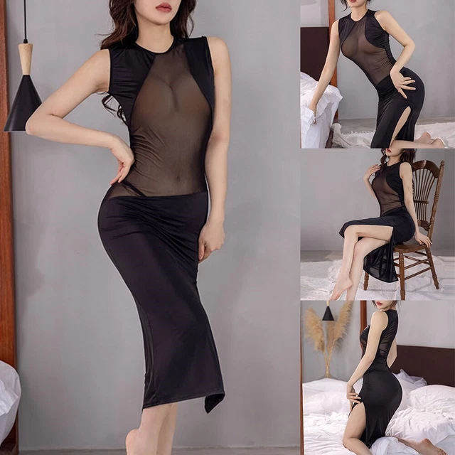 Robe femme tentation maille transparente voir quoique sexy robe longue sans manc