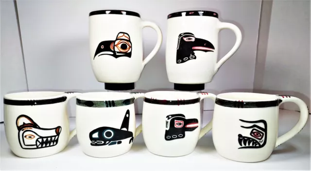 Set of 6 Vtg Lambert Potteries Mugs Cups First Nations Haida, Northwest Coast BC