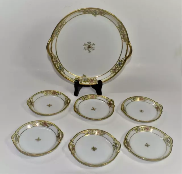 1910s MORIMURA NIPPON Japan HandPainted Raised Gold FLOWER 7 Pc Set Dessert Bowl