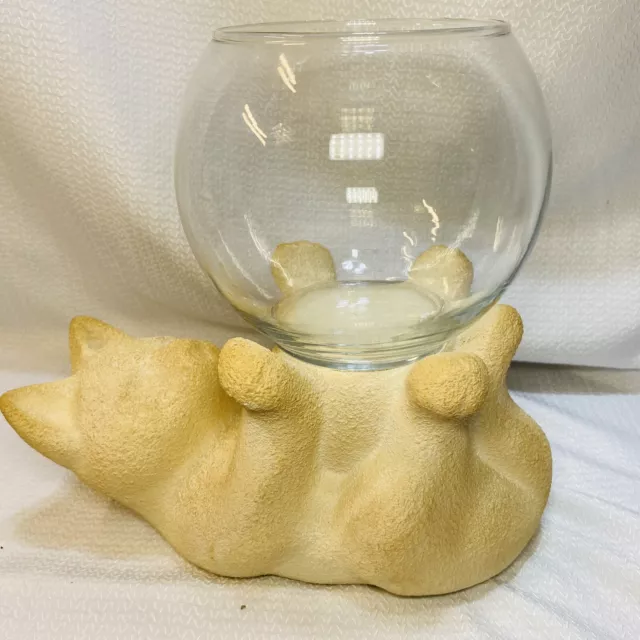 Royal Haeger Cat w Fish Bowl Holder Textured Ceramic Kitten Off-White Vtg