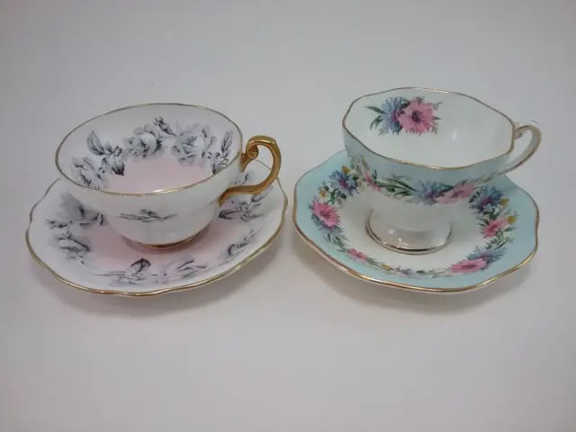 Lot of (2)  "FOLEY" England Bone China Tea Cups & Saucers "CORNFLOWER" & "ROSES"