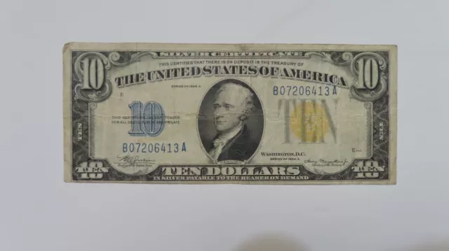 1934 A US $10 Yellow Seal WWII North Africa Emergency Issue Silver Certificate
